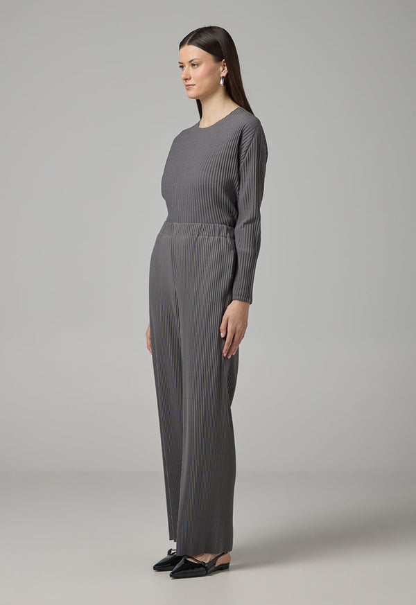 Choice Wide Leg Pleated Solid Trousers Grey