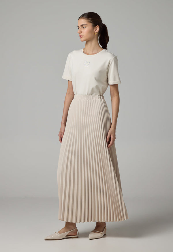 Choice Solid Pleated Maxi Skirt Cream
