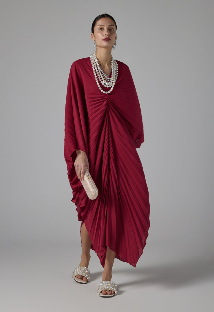 Choice Solid Pleated Dress Burgundy