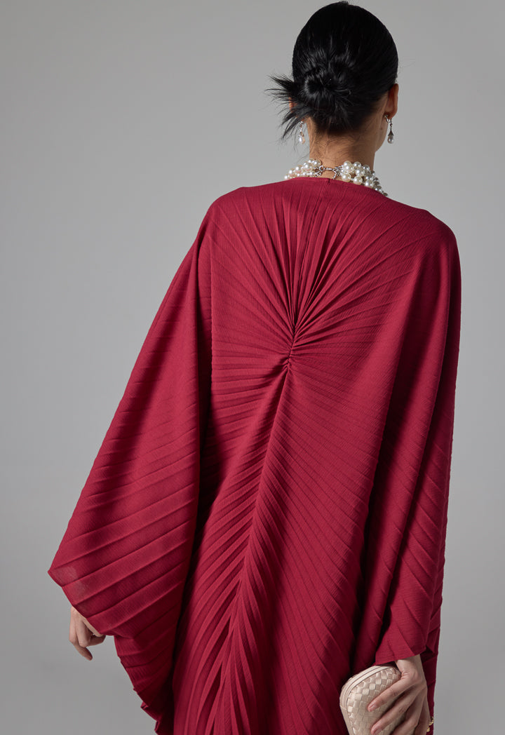 Choice Solid Pleated Dress Burgundy