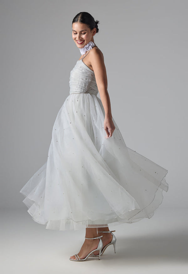 Choice Multi-Layered Crystal Embellished Organza Dress Light Grey