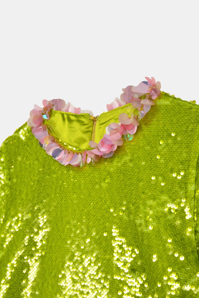 Nean Sequin Floral Collar Top Light Green