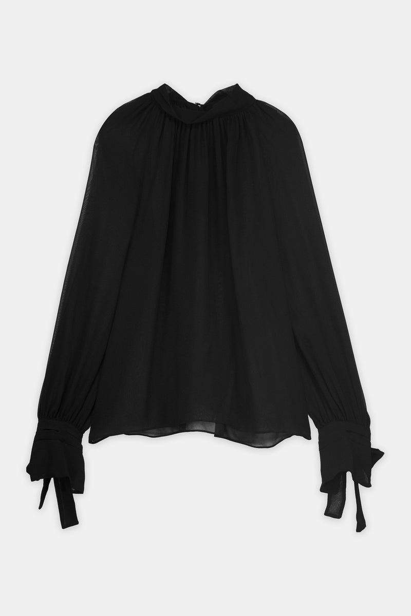 Nean Romantic Silk Chiffon Sheer Blouse Black