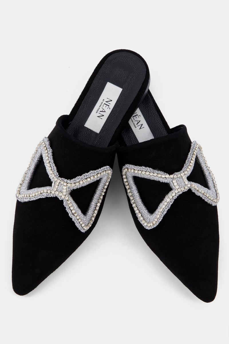 Nean Bow Detail Crystal Embellished Flat Mules  Black
