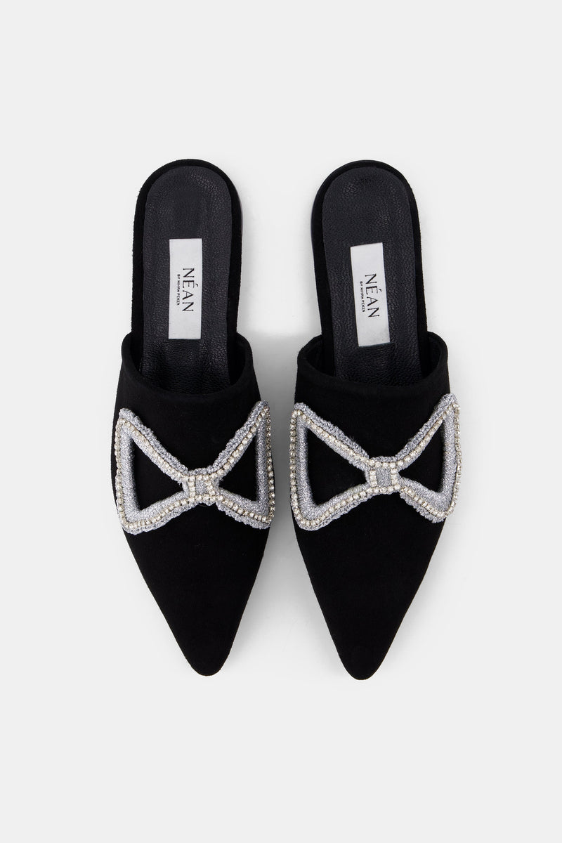 Nean Bow Detail Crystal Embellished Flat Mules  Black