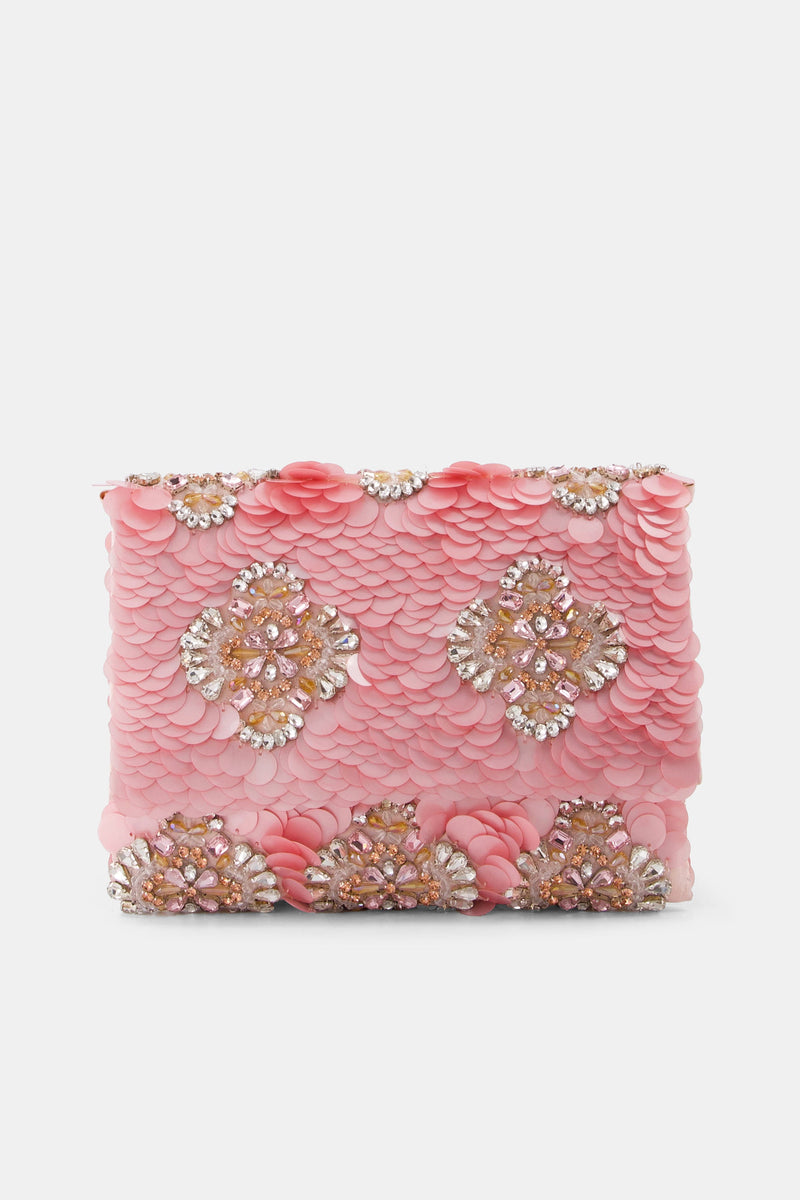 Nean Solid Sequins Embellished Clutch Bag Pink