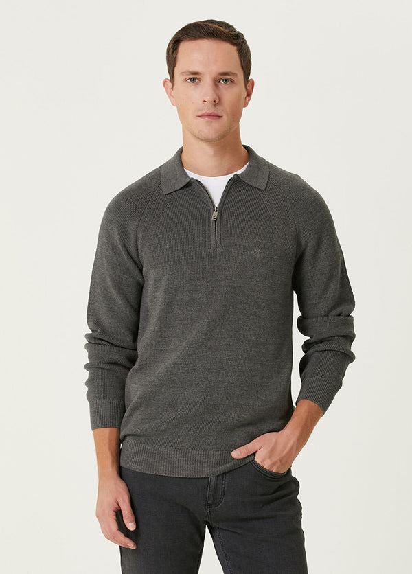 Beymen Club Men Wool Polo Sweater Grey Melange