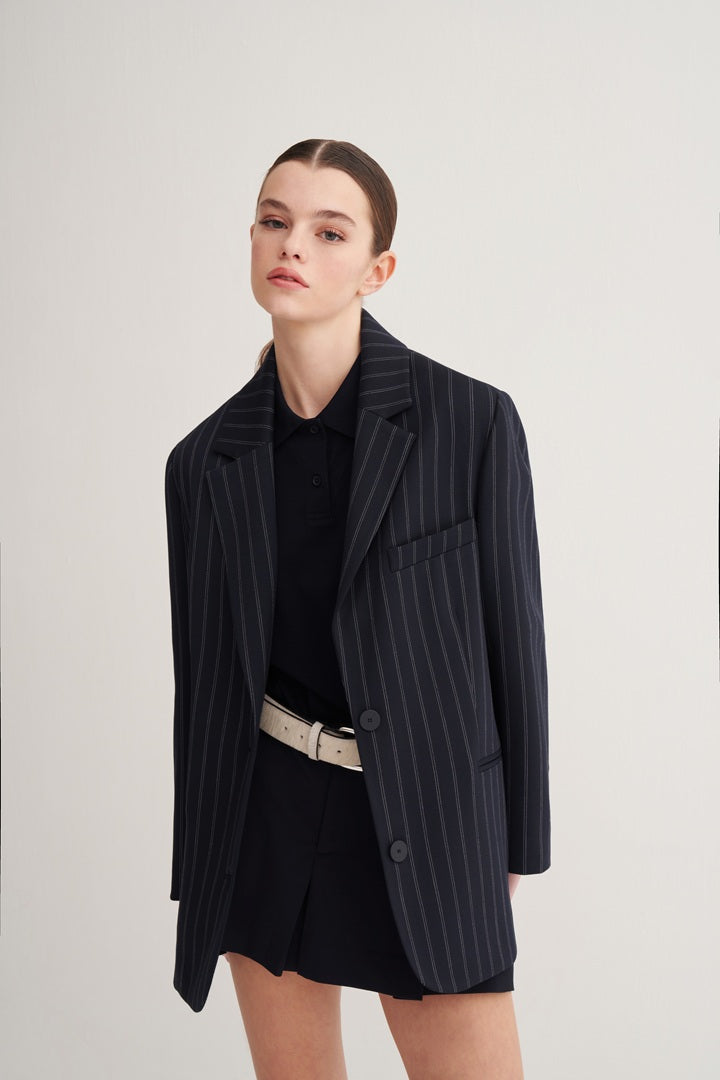 Kk Design Pinstripe Classic Blazer Navy Blue
