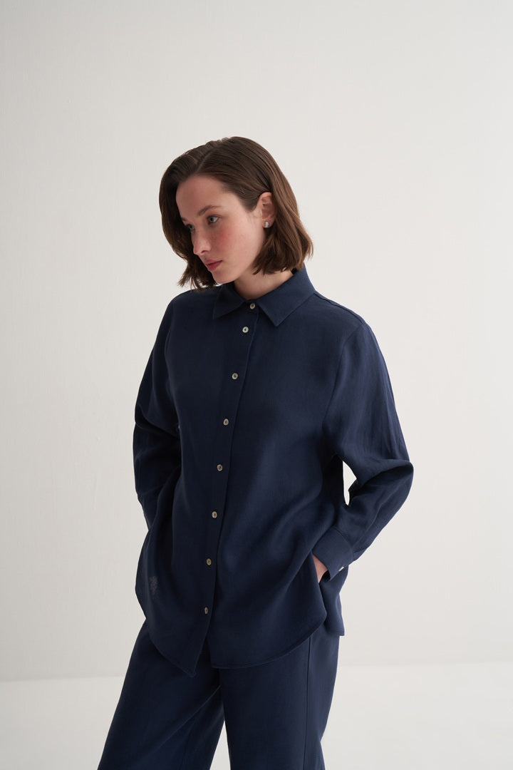 Kk Design 100% Linen Oversize Shirt Navy Blue