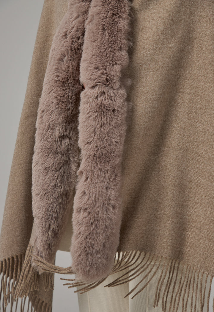 Choice Faux Fur Embellished Poncho Beige