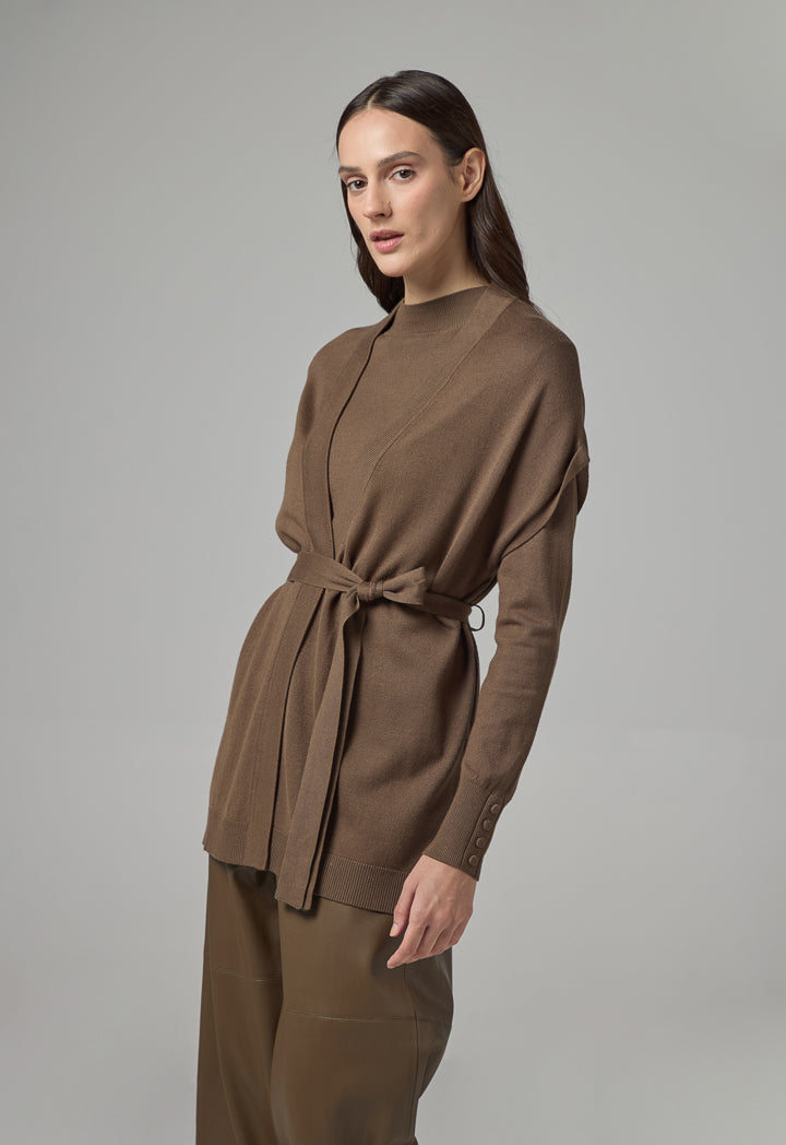 Choice Solid Cap Sleeve Knitted Belted Cardigan Khaki