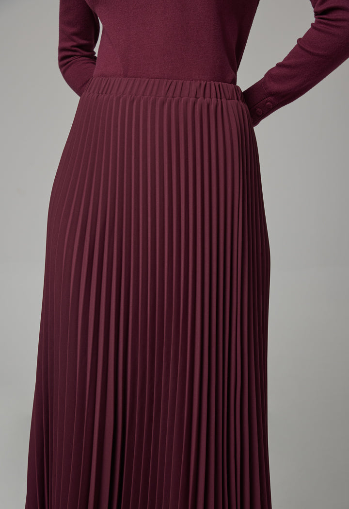 Choice Solid Pleated Maxi Skirt Burgundy