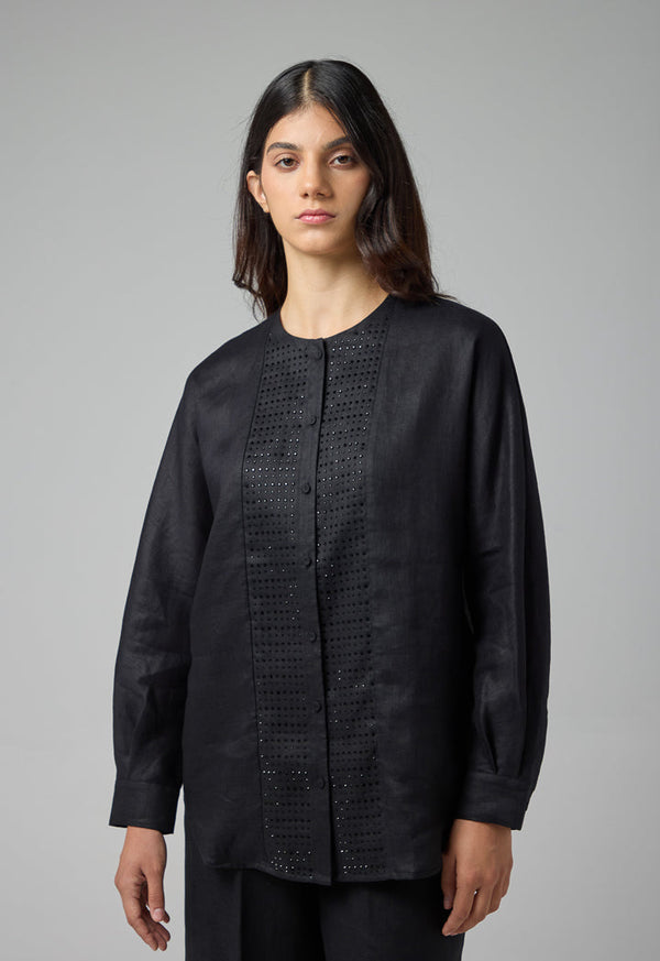 Choice Long Kimono Sleeves Linen Shirt Black