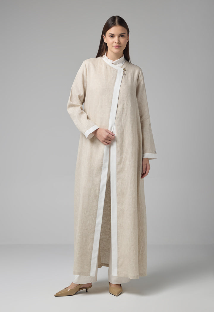 Choice Contrast Linen Maxi Abaya With Hijab Beige Melange