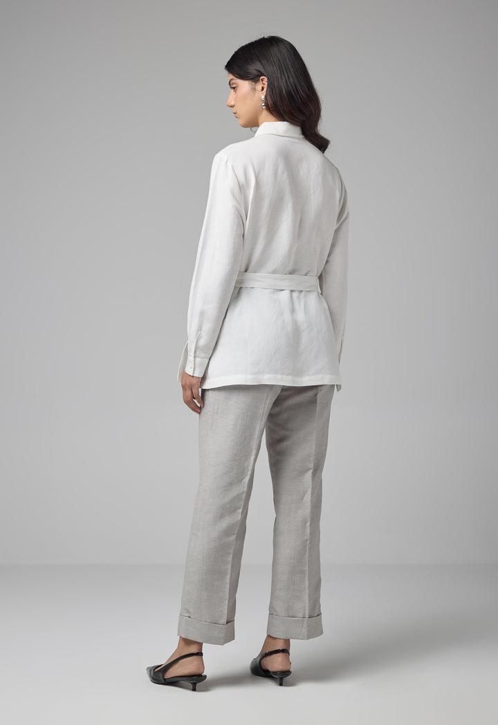 Choice Solid Long Sleeve Belted Shirt Off White