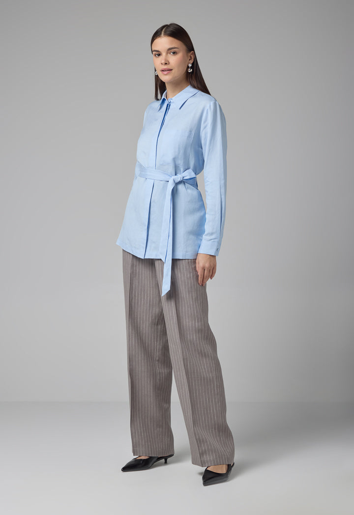 Choice Solid Long Sleeve Belted Shirt Blue