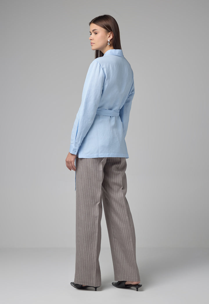 Choice Solid Long Sleeve Belted Shirt Blue