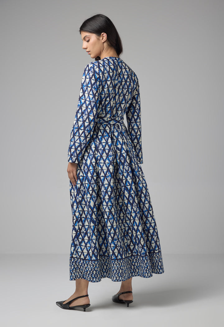 Choice Geometric Printed Belted Dress Indigo