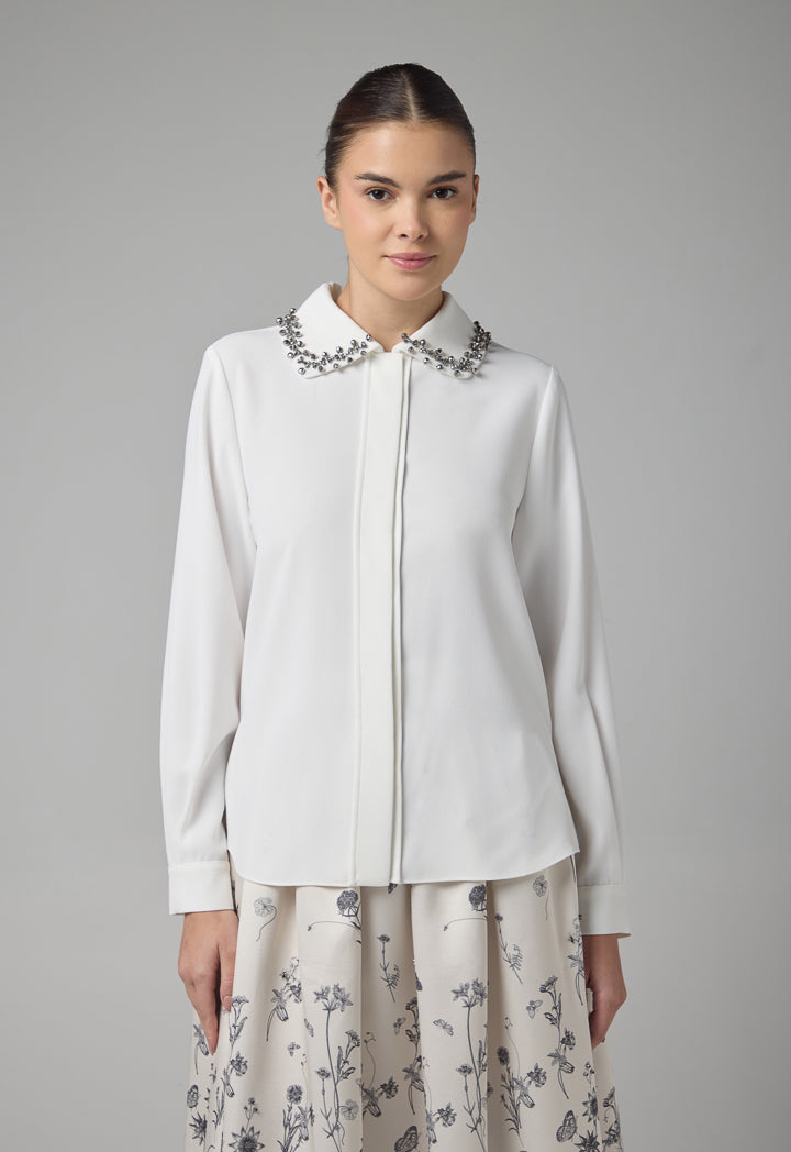 Choice Loose Fit Crystal Embellished Shirt Off White