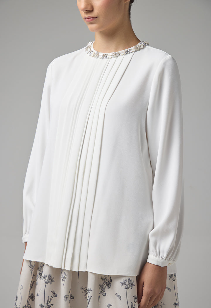 Choice Round Neck Embellished Crystal Blouse Off White