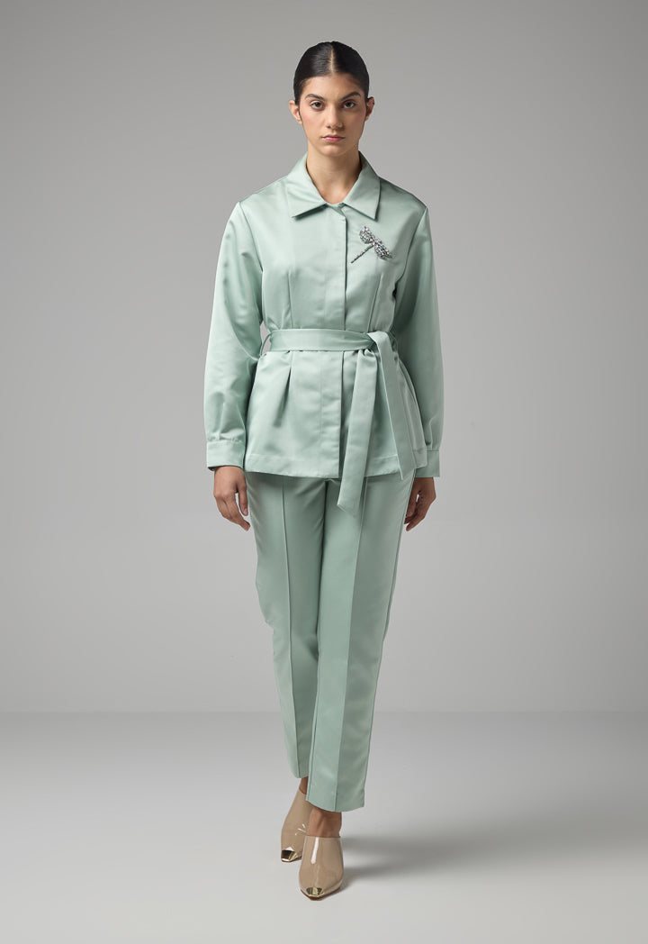 Choice Solid Crystal Embellished Belted Shirt Mint