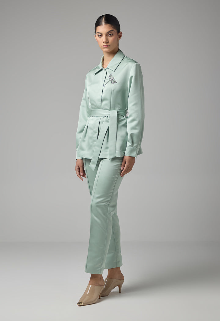 Choice Solid Crystal Embellished Belted Shirt Mint