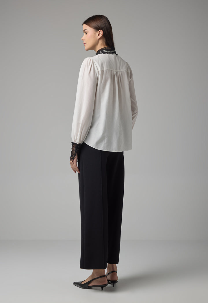 Choice Contrast Long Sleeves Schiffli Shirt Off White