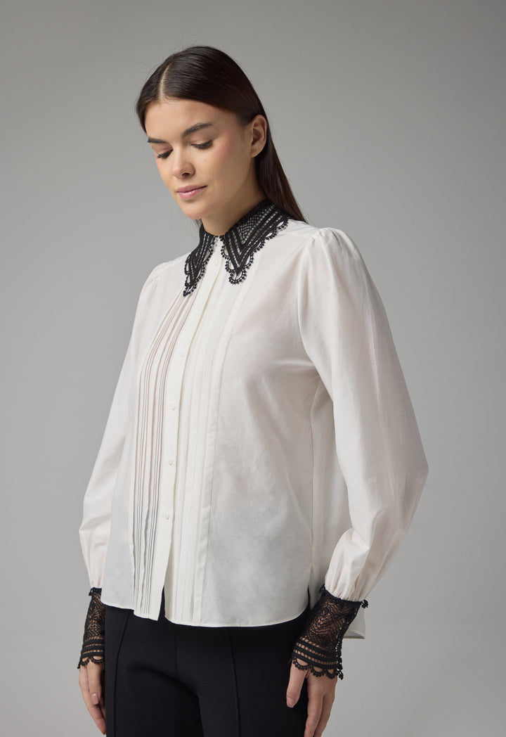 Choice Contrast Long Sleeves Schiffli Shirt Off White