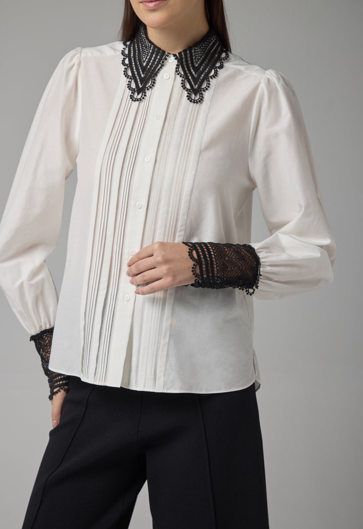 Choice Contrast Long Sleeves Schiffli Shirt Off White