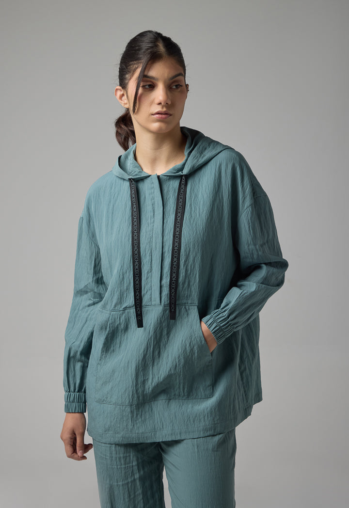 Choice Solid Hooded With Monogram Drawstring Pullover Green