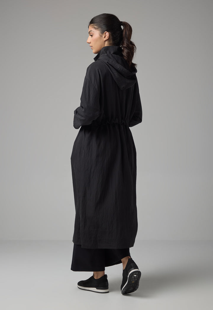 Choice Solid Hooded Neck Midi Jacket Black