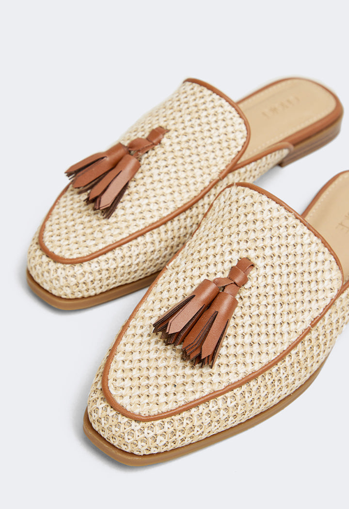 Choice Intricate Faux Straw Mules Camel