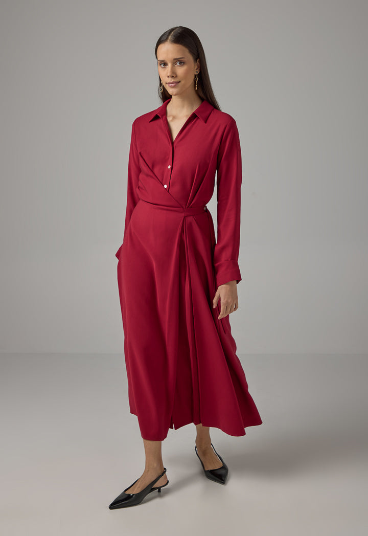 Choice Drawstring Waist Maxi Shirt Dress Burgundy