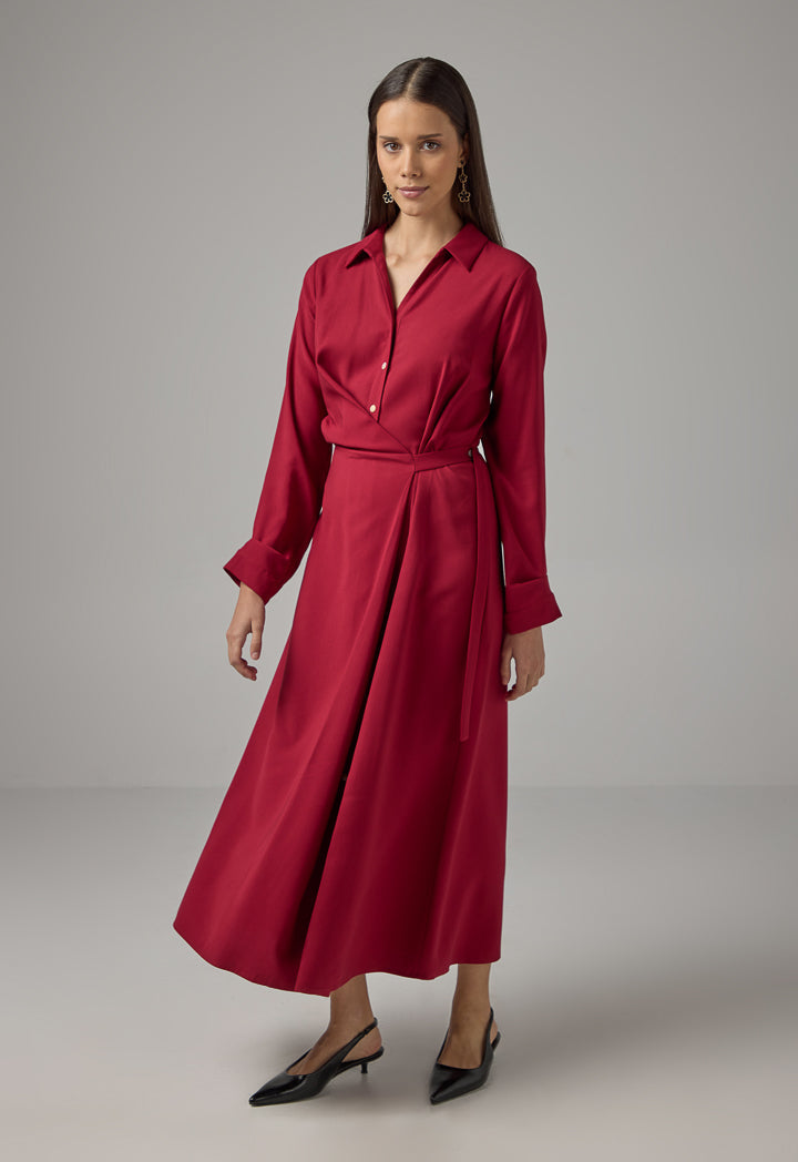 Choice Drawstring Waist Maxi Shirt Dress Burgundy