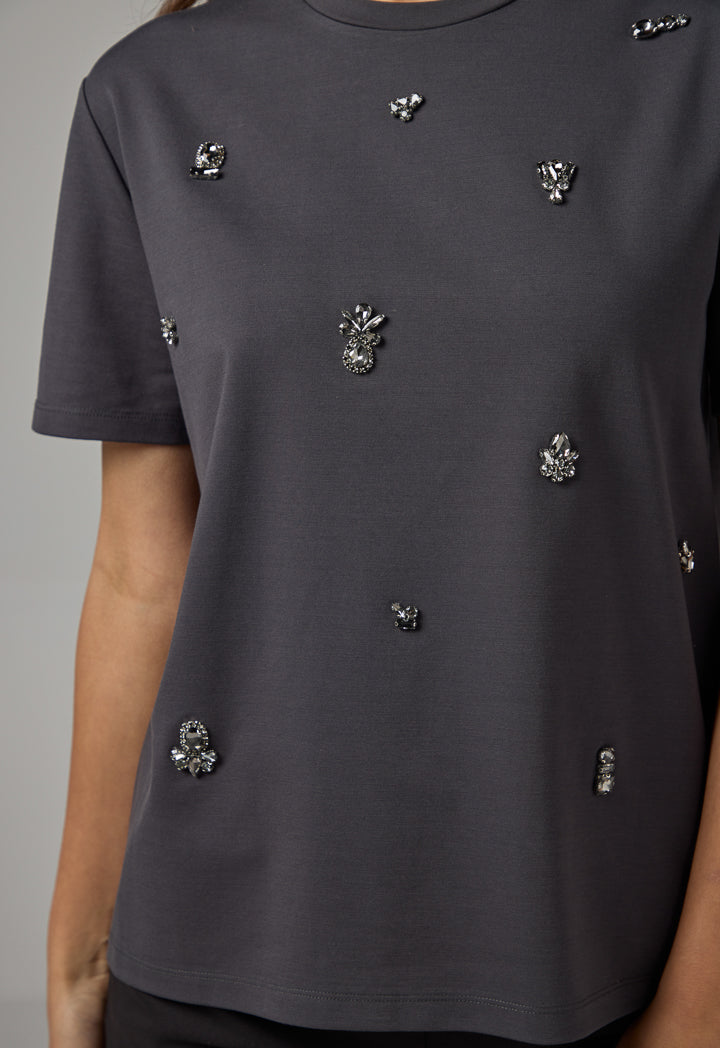 Choice Solid Crystal Embellished T-Shirt Anthracite