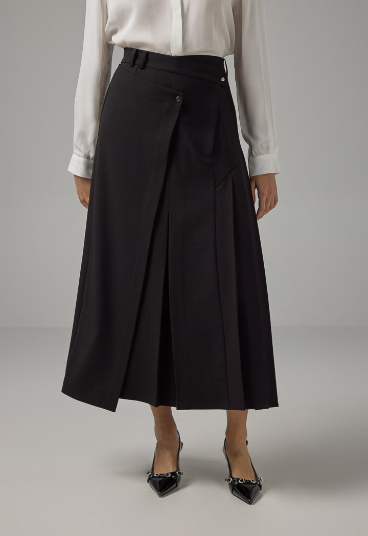 Choice Solid Pleated Flared Skirt Black