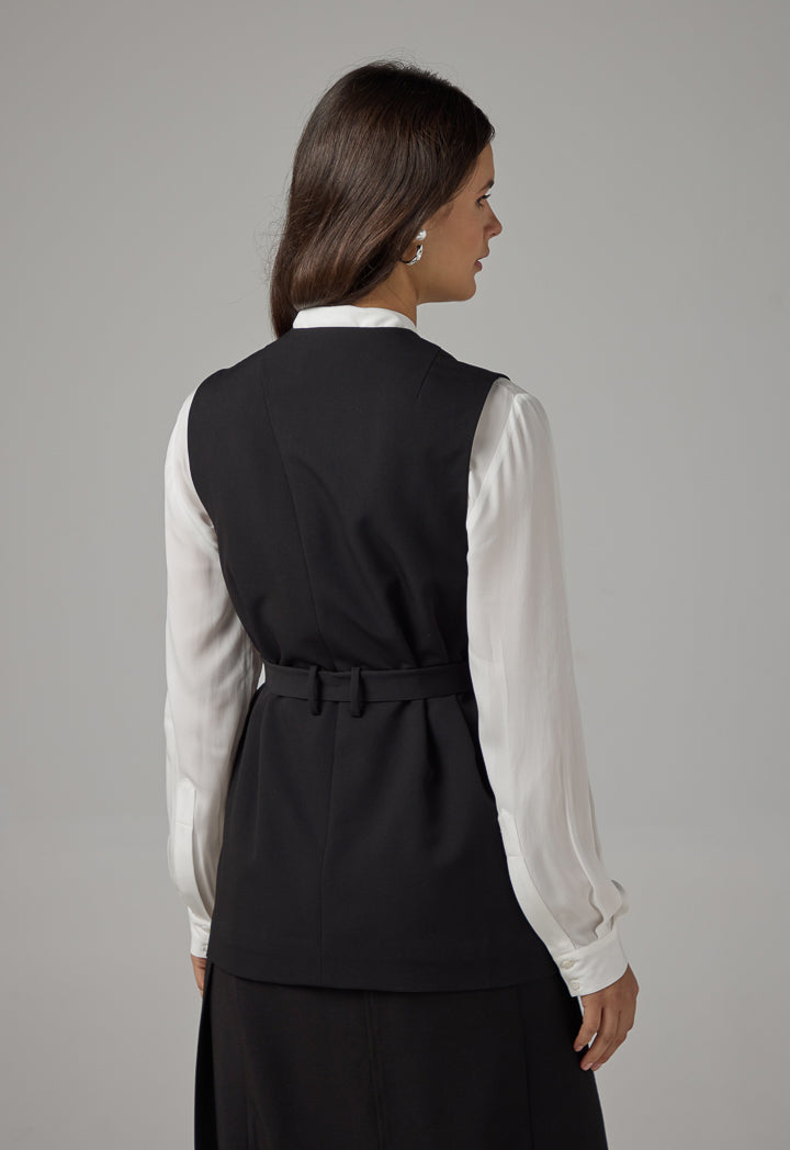 Choice Sleeveless Belted Basic Gilet Black