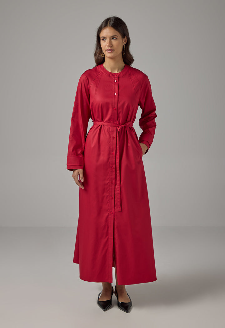 Choice Solid Mandarin Collar Maxi Dress Red