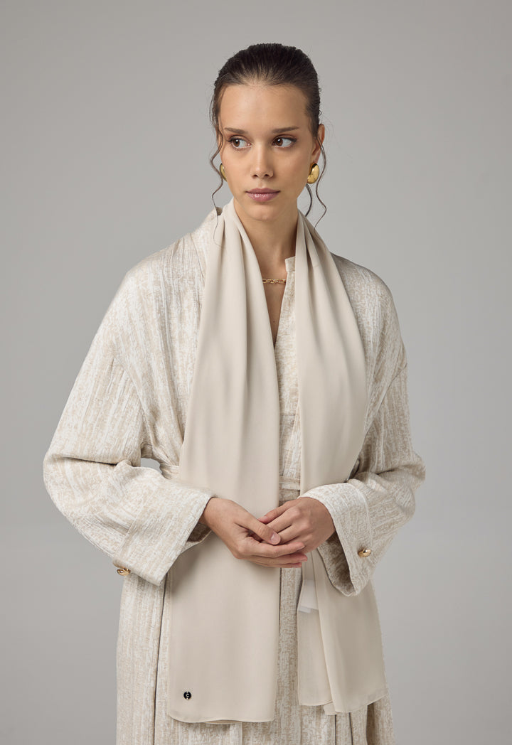 Choice Textured Contrast Belted Abaya With Hijab Beige