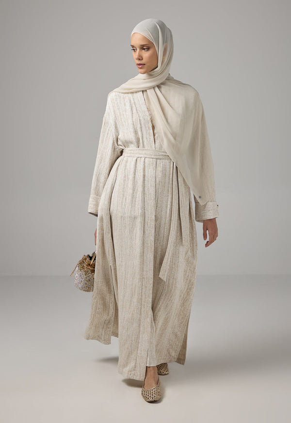 Choice Textured Contrast Belted Abaya With Hijab Beige