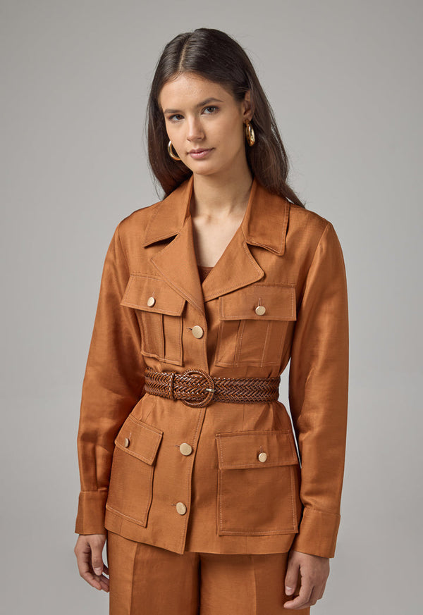 Choice Multi Front Flap Pocket Solid Jacket  Caramel