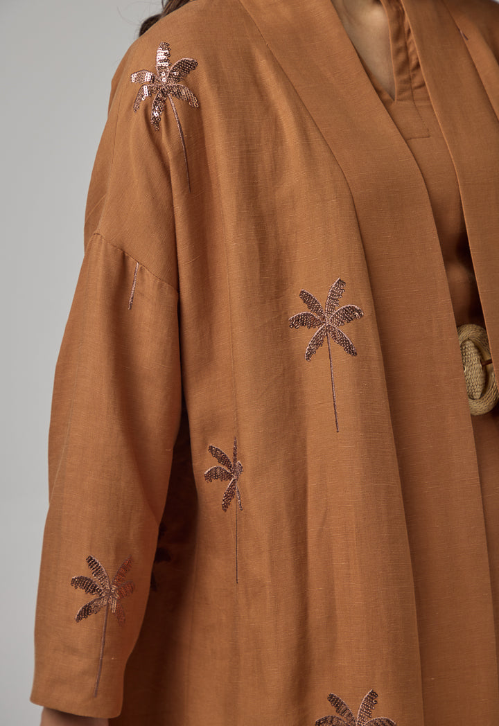 Choice Embroidered Sequin Maxi Abaya   Caramel