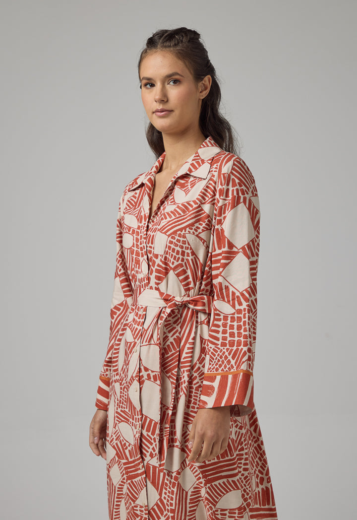 Choice Printed Long Sleeve Belted Shirt Dress Caramel