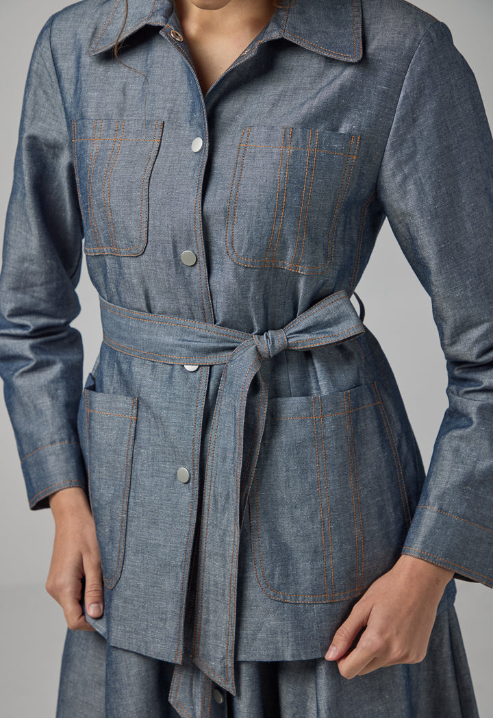 Choice Multi Front Pocket Coat With Belt Indigo