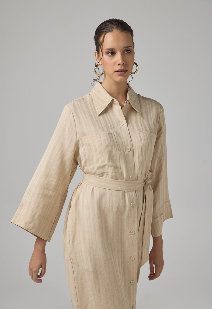 Choice Striped Belted Maxi Abaya Beige