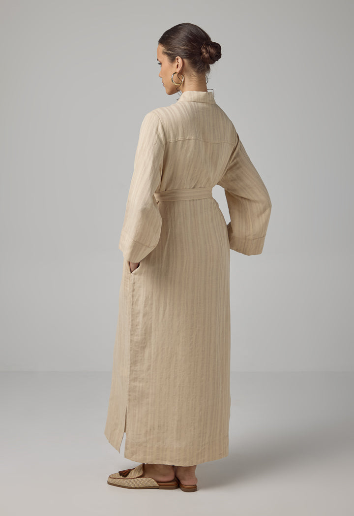 Choice Striped Belted Maxi Abaya Beige