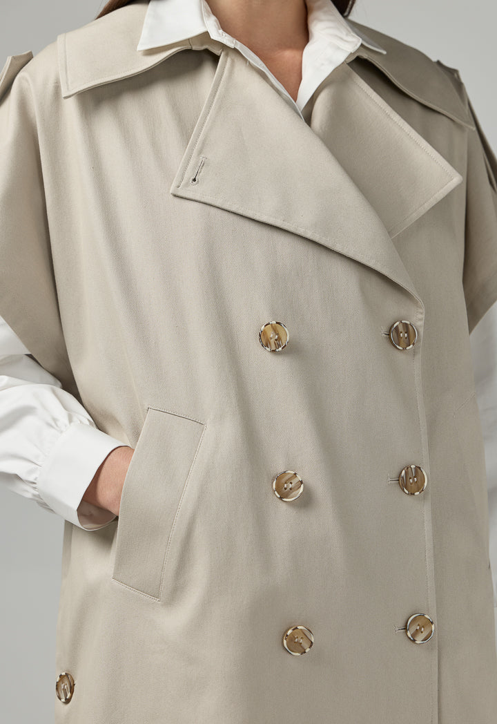 Choice Solid Double Breasted Notched Collar Outerwear Beige