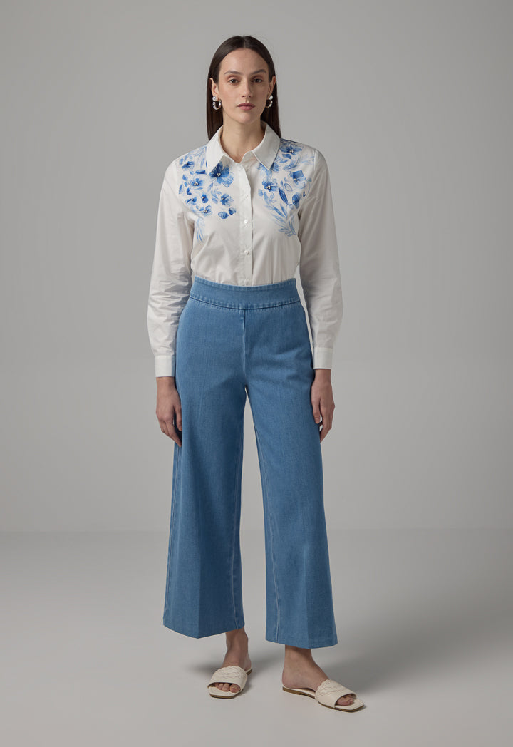 Choice Solid Wide Leg Denim Trousers Light Blue