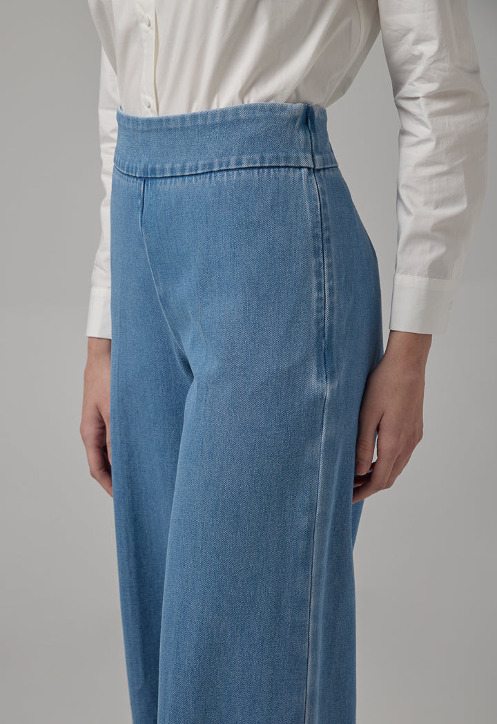 Choice Solid Wide Leg Denim Trousers Light Blue