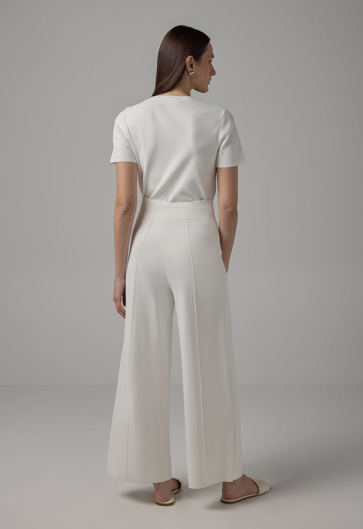 Choice Knitted Pin Tuck Wide Leg Trousers Off White